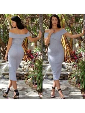 NWT Off Shoulder Ribbed Bodycon MIDI in Heather Gray